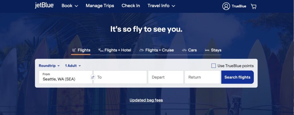 jet blue website screenshot